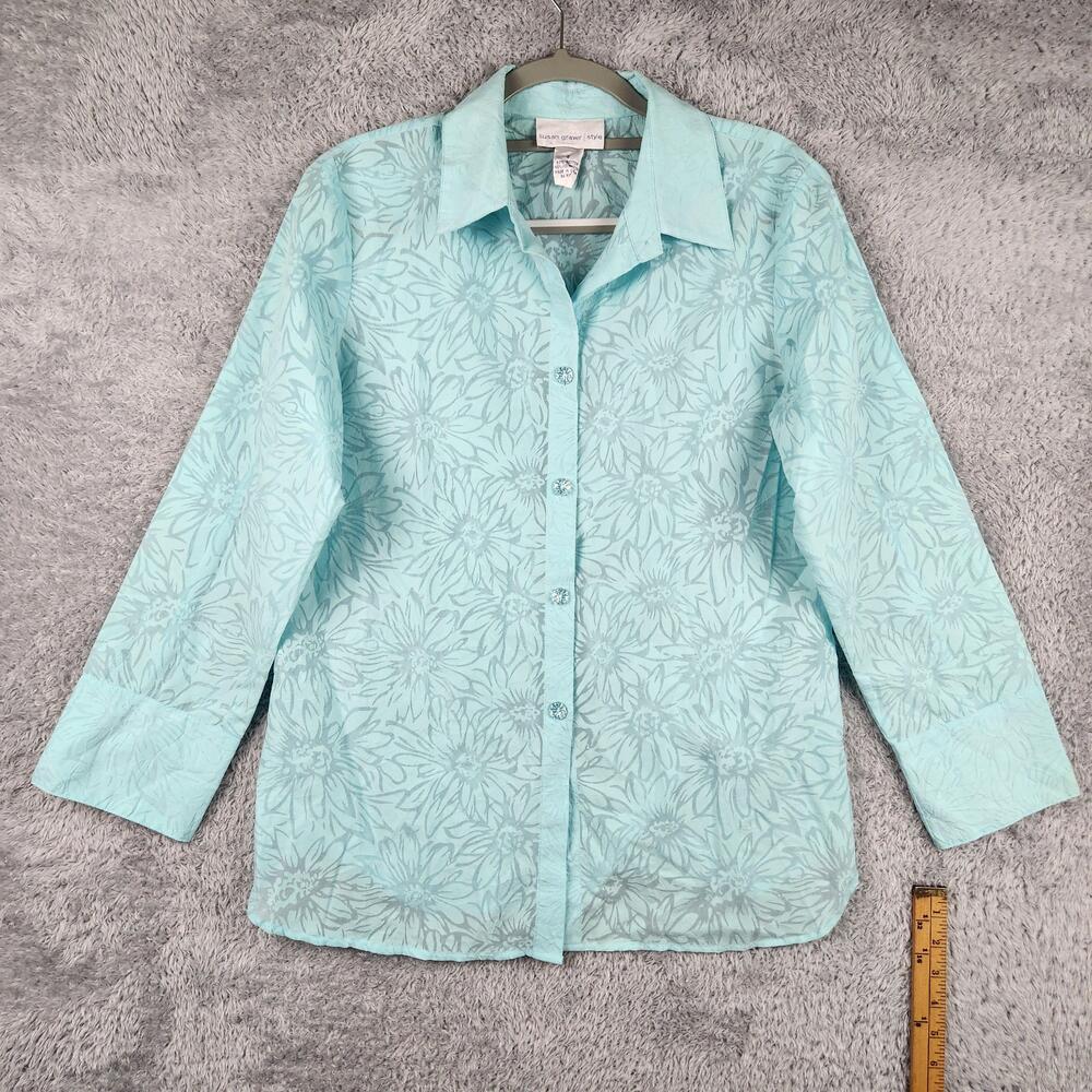 Vintage Susan Graver Shirt Womens Small Blue Floral Top All Over Sheer Fairy Y2k